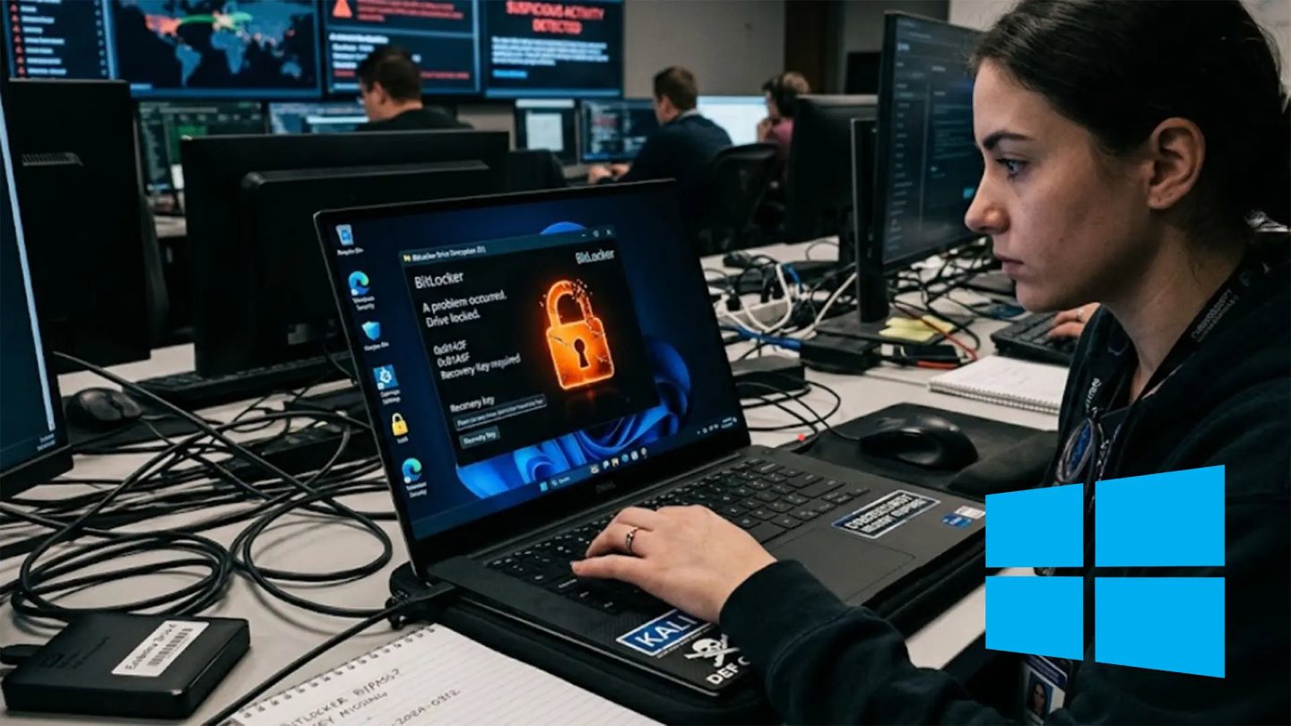 Especialista revisando una laptop con el disco cifrado bloqueado
